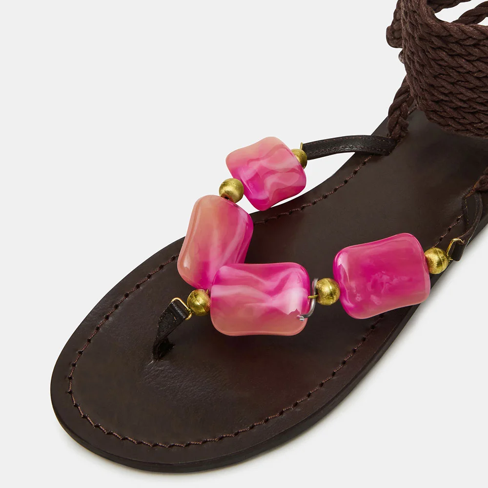 Dark Brown Braided Open-Toe Pink Stone Decor Flat Sandals for Women