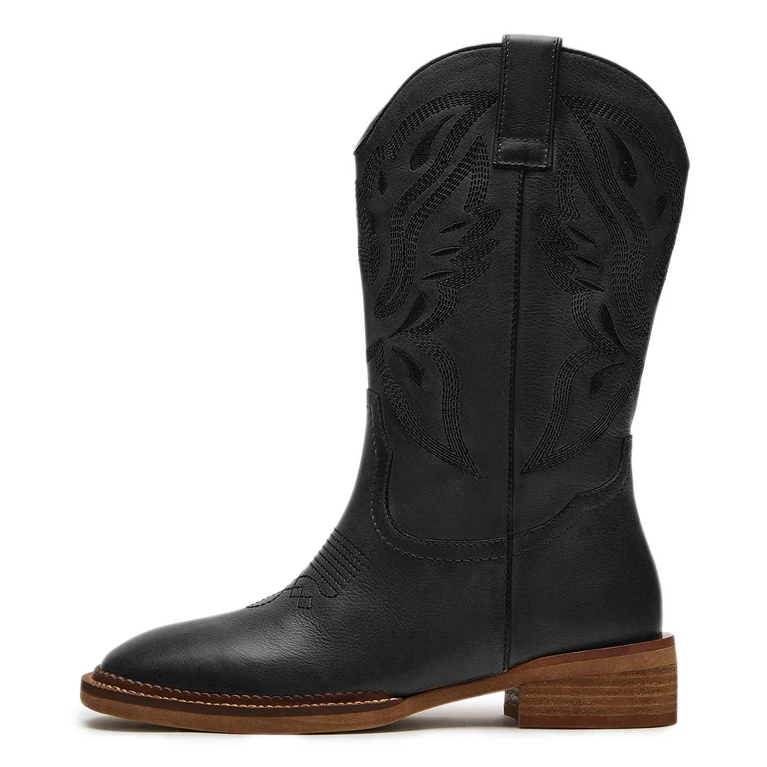 Black Vegan Leather Sophisticated Square Toe Embroidered Pull-On Boots