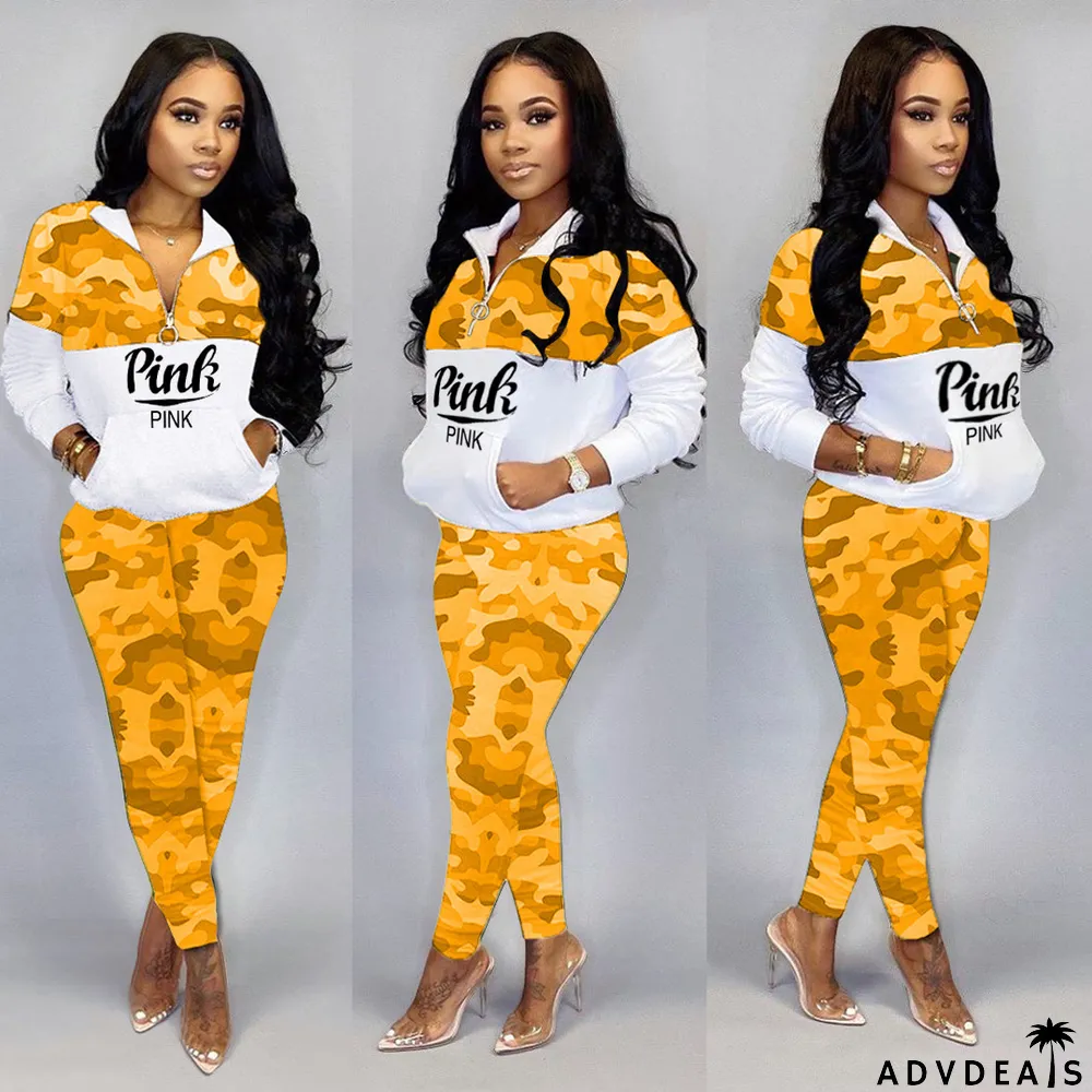 Plus Size Pink Letter Camo Print Casual 2 Piece Sets