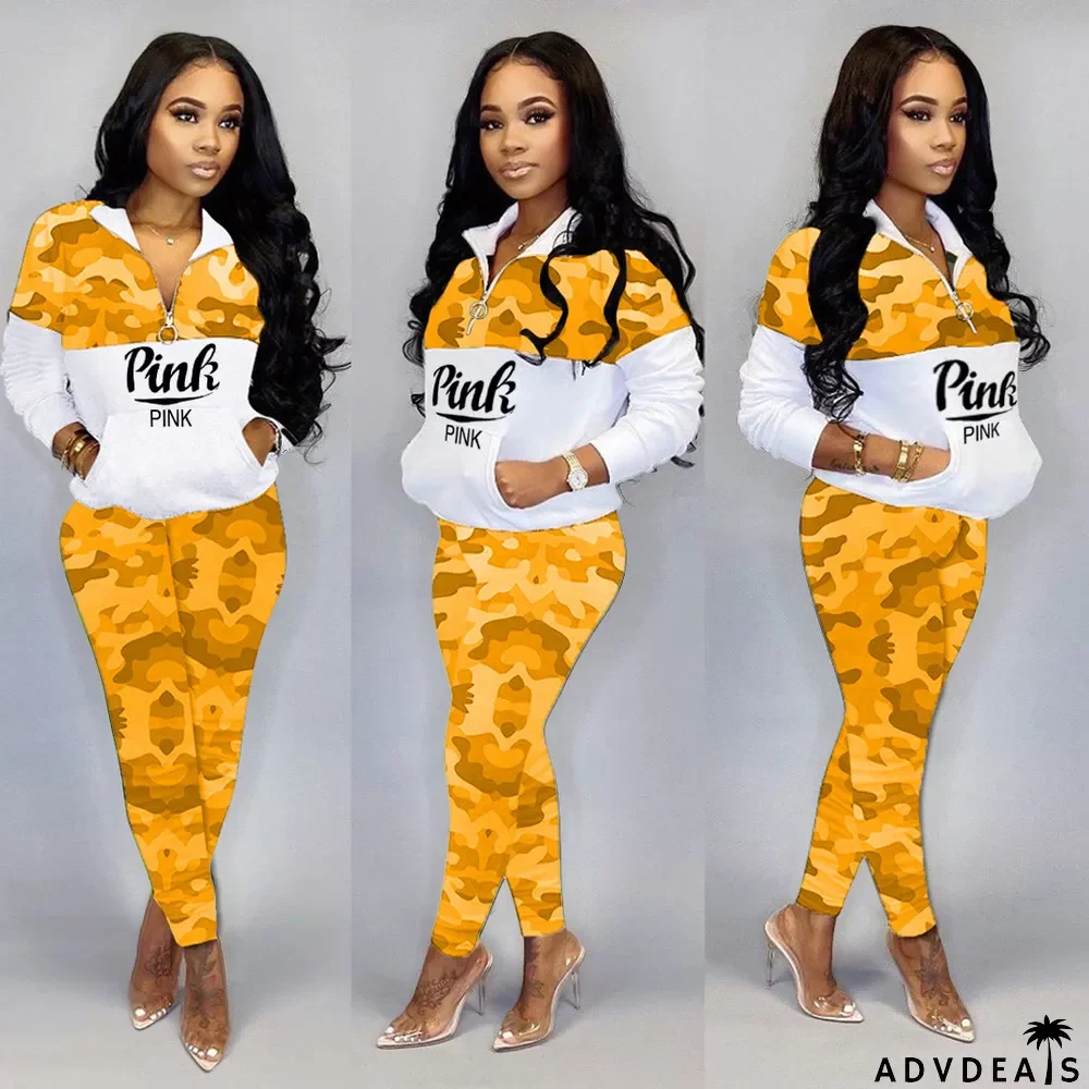 Plus Size Pink Letter Camo Print Casual 2 Piece Sets