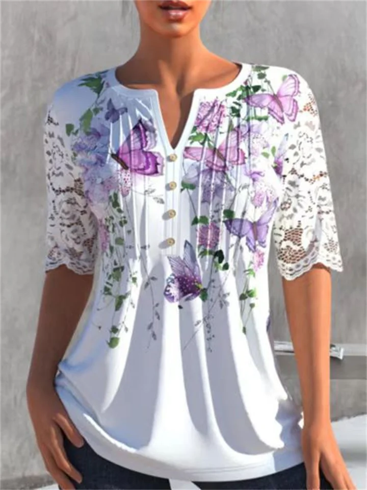 Digital Print Female Lace Splicing V-neck Short-sleeved T-shirt Top-Hoverseek