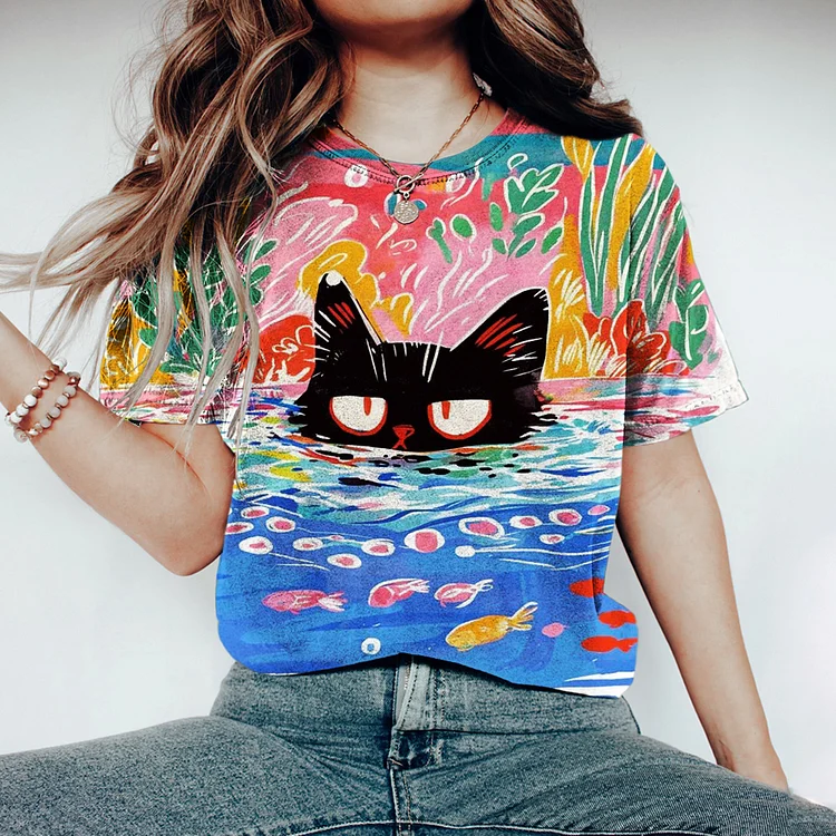 Utbros Diving Cat Colorful Graffiti Print Women's T-shirt