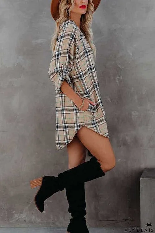 Fashion Check Long Sleeve V-Neck Shirt Dress