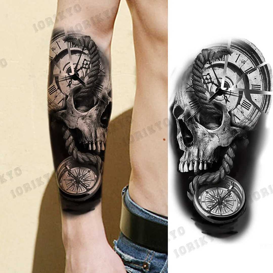 Sdrawing Devil Skeleton Temporary Tattoos For Men Adult Women Wolf Compass Gangster Fake Tattoo Washable Body Art Tatoo Sticker