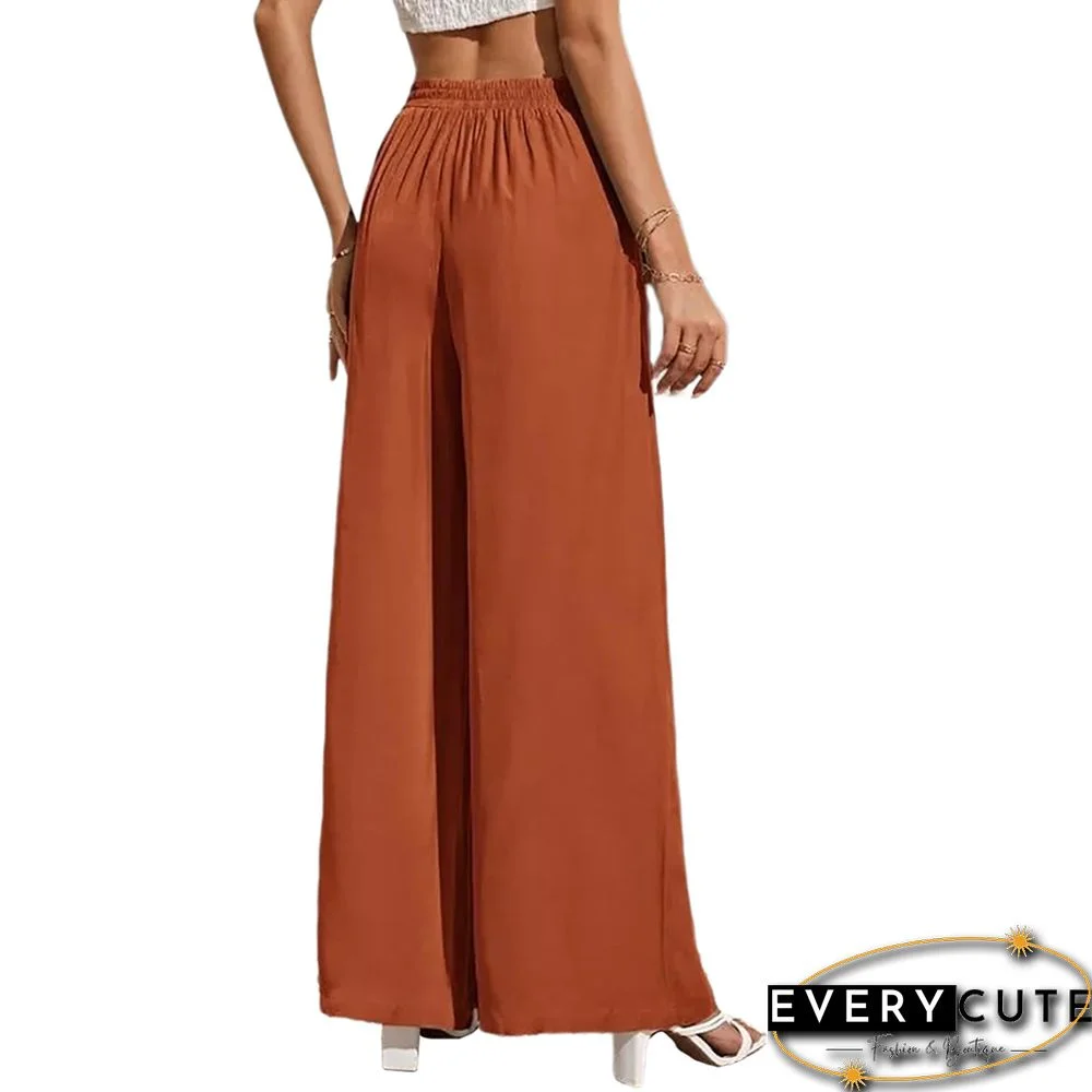 Orange Tie Waist Wide Leg Casual Pants