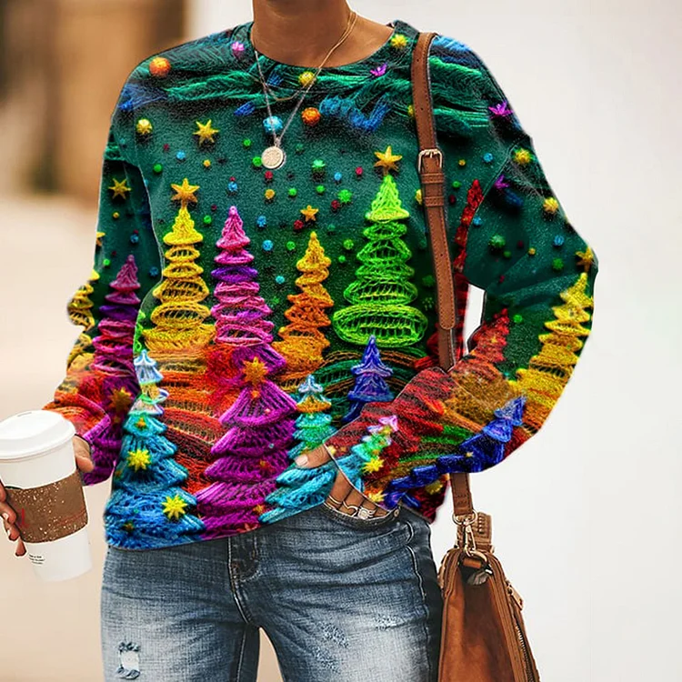Comstylish Christmas Colorful Christmas Tree Print Casual Sweatshirt