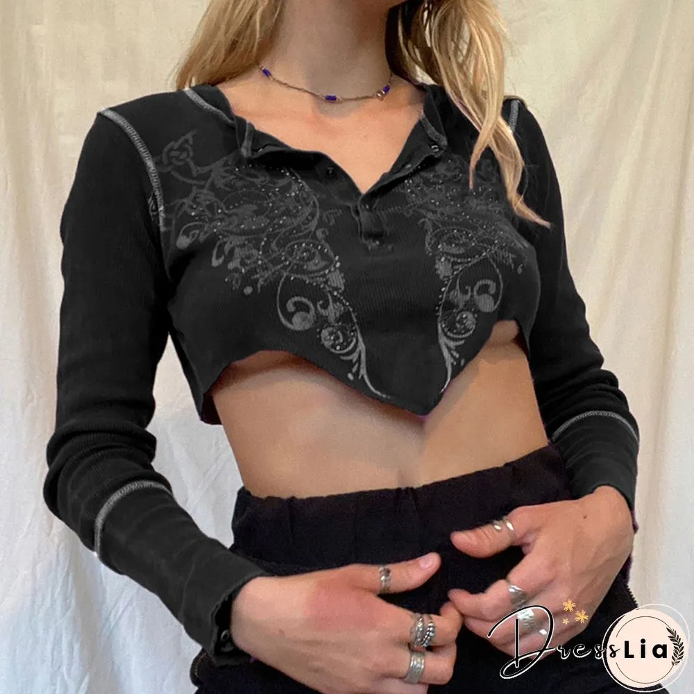 Fairy Grunge Rhinestones Vintage Top Floral Print Cropped Ribbed Long Sleeve Tees Y2k