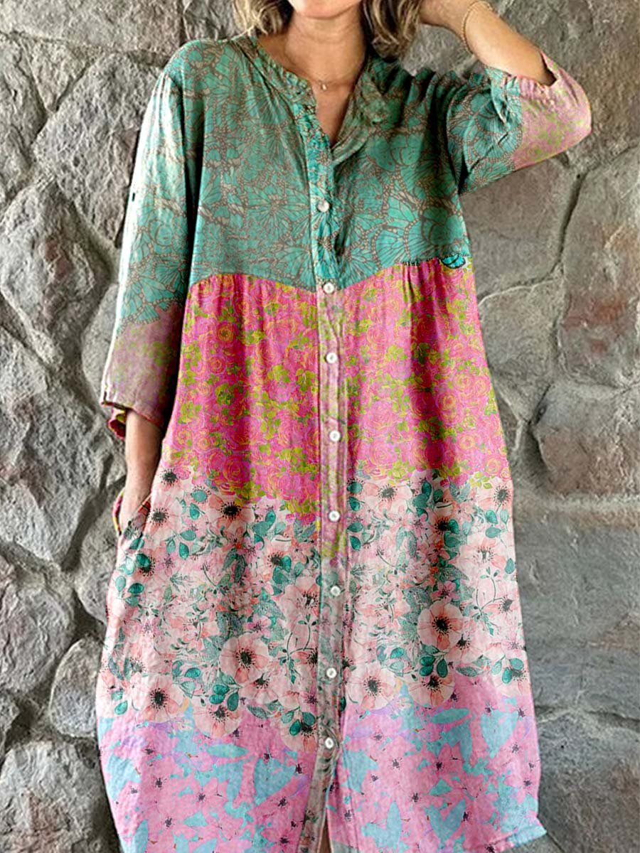 Women's Elegant Vintage Floral Print Shirt Style Cotton and Linen Dress