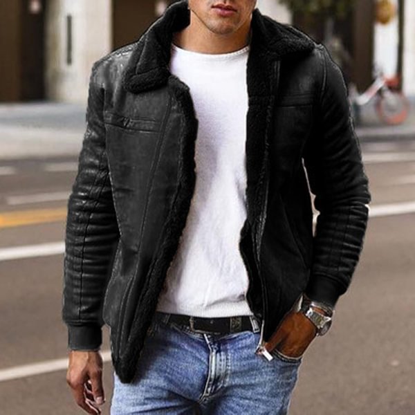 Men's Faux Leather Fleece Fur One Short Coat Large Lapel Men's Jacket-barclient