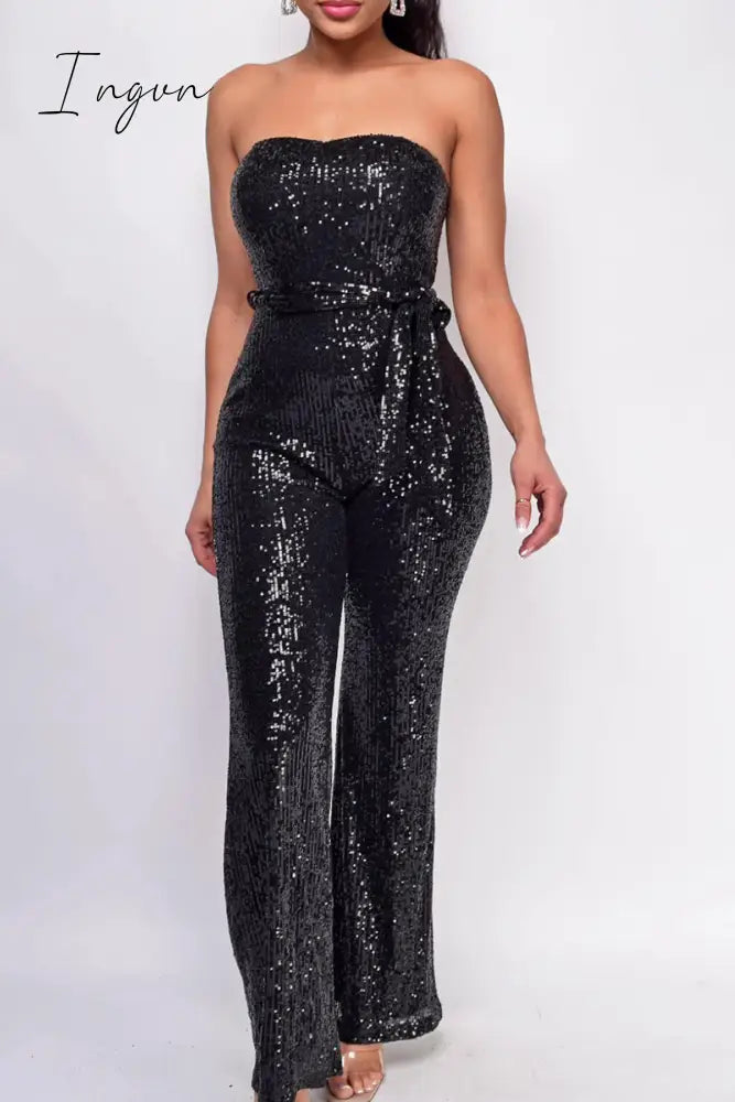 Ingvn - Street Solid Bandage Sequins Patchwork Strapless Regular Jumpsuits(5 Colors) Black / S