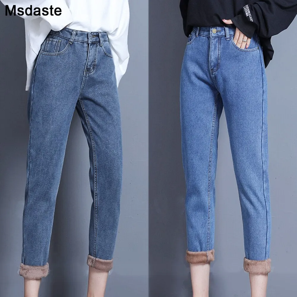 Velvet Jeans Pants For Women Winter Wear Mom Straight Denim Pants With Fleeces Ladies Thick Warm Female Pencil Denim Trousers