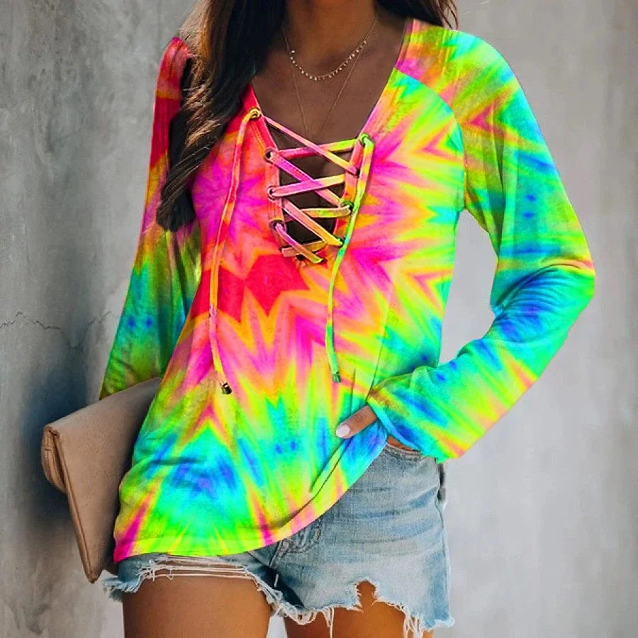 Women's Tie Dyed Thin Belt Long Sleeve Top Sweater