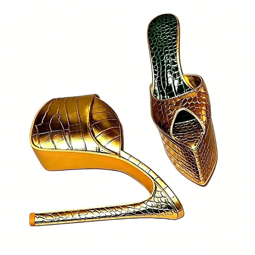 Pointy Sexy Satin Platform Stiletto Mules Women Summer Open Toe Crocodile Leather Shoe Ladies Party Casual Gold Shimmer Slippers  highheelher