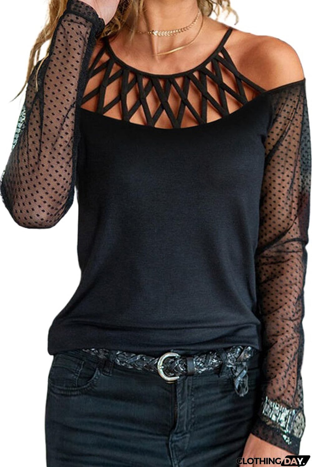 Polka Dot Cold Shoulder Long Sleeves Top