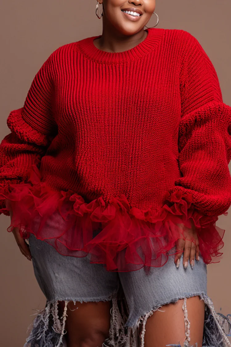 Xpluswear Design Plus Size Christmas Red Round Neck Long Sleeve Ruffle Casual Contrast Crochet Sweaters [Pre-Order]