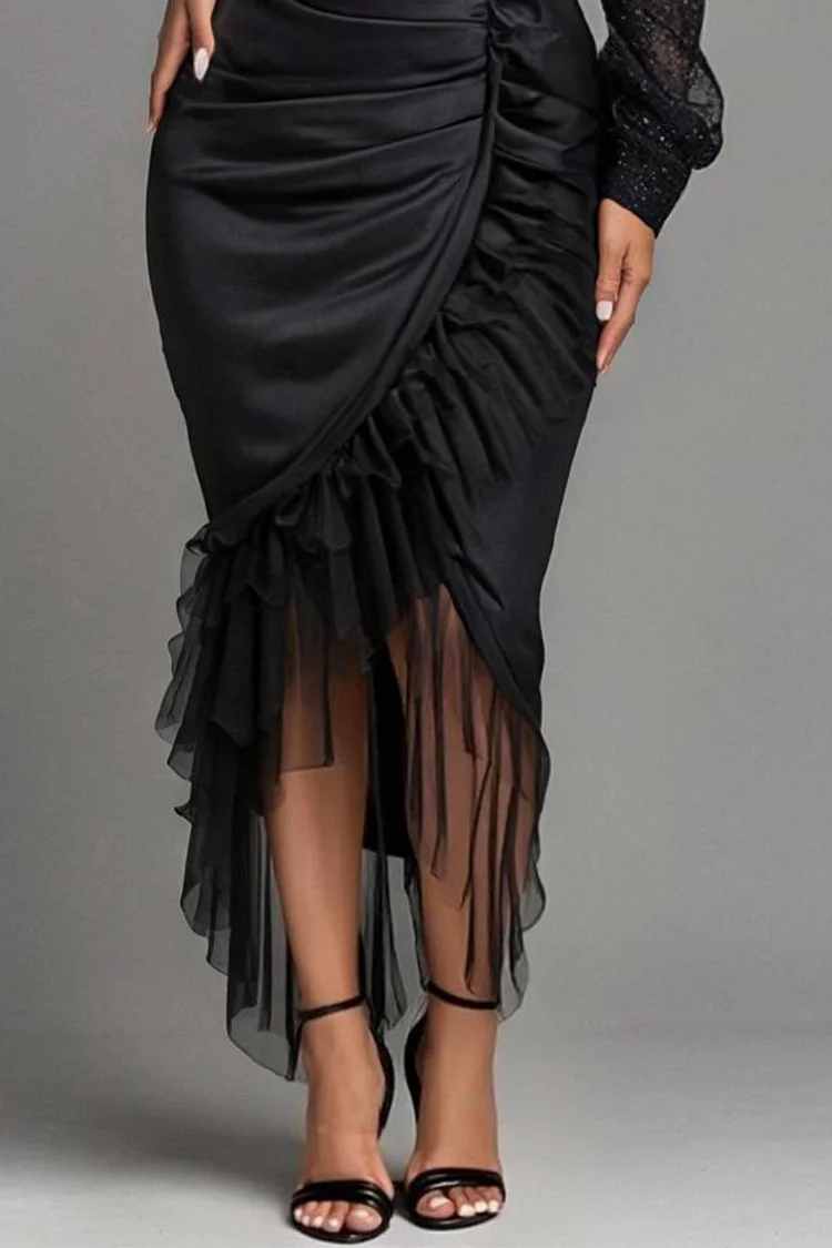 Xpluswear Design Plus Size Party Black One Shoulder Long Sleeve Contrast Elegant Fold Satin Midi Dresses [Pre-Order]