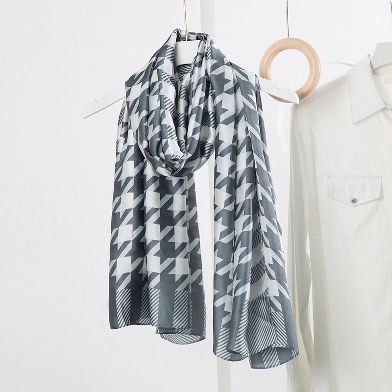 Women’s Fashion Letter Plaid Satin Printing Silk Scarves