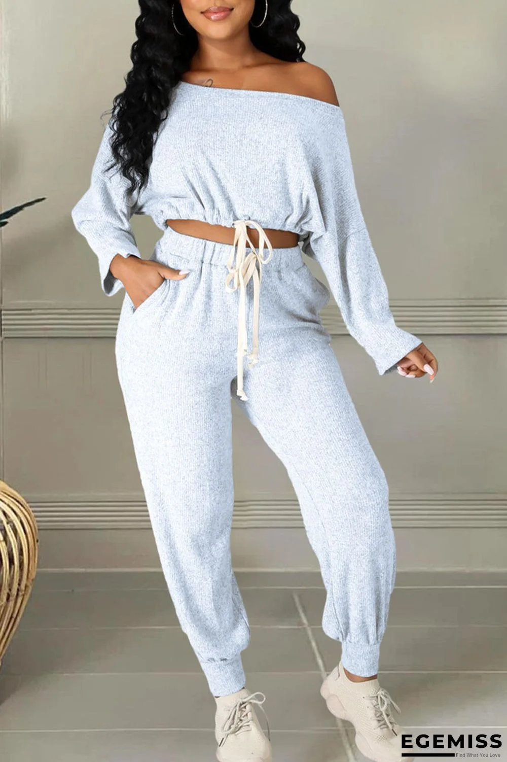 White Sexy Solid Patchwork Draw String Off the Shoulder Long Sleeve Two Pieces | EGEMISS