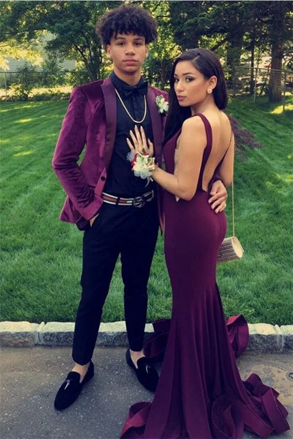 Casual Peak Lapel Prom Suit For Party Two Pieces With Burgundy Velvet