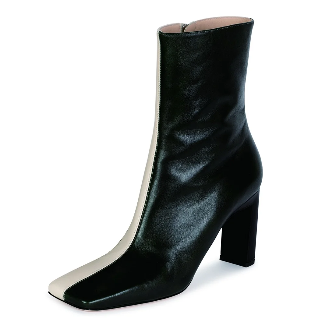 Black & White Two-Tone Color Square Toe Ankle Boots for Women