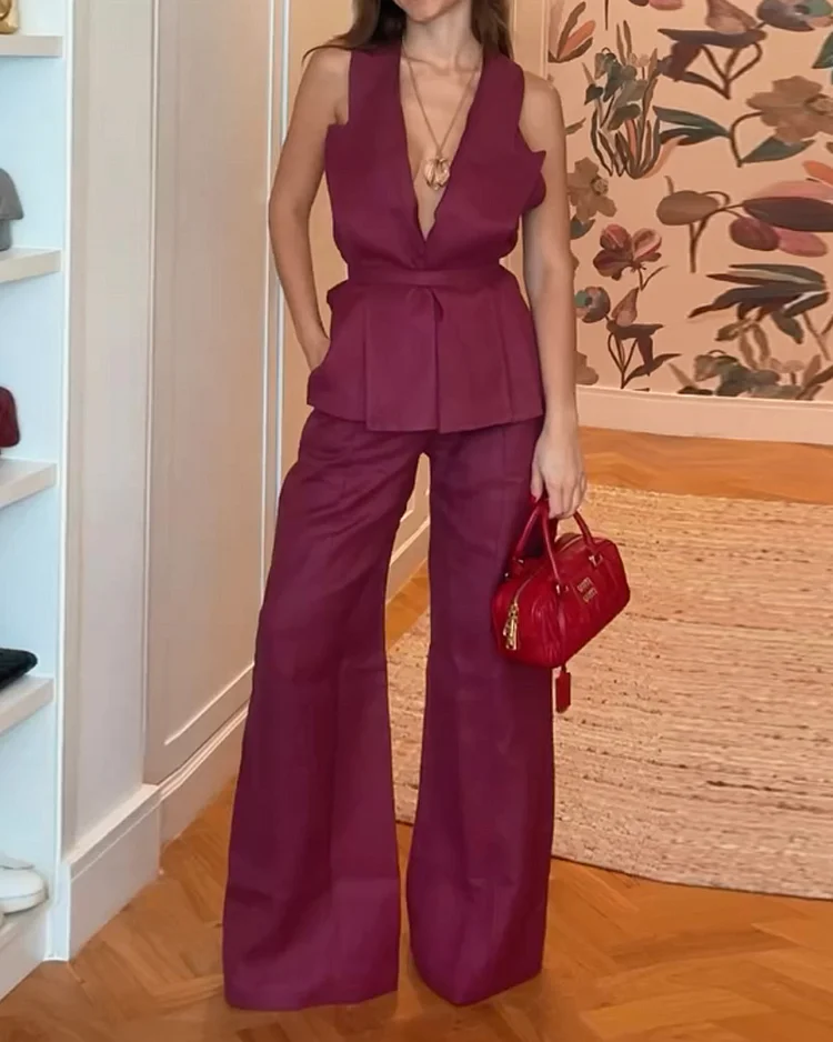 Lapel solid color tie two piece suit