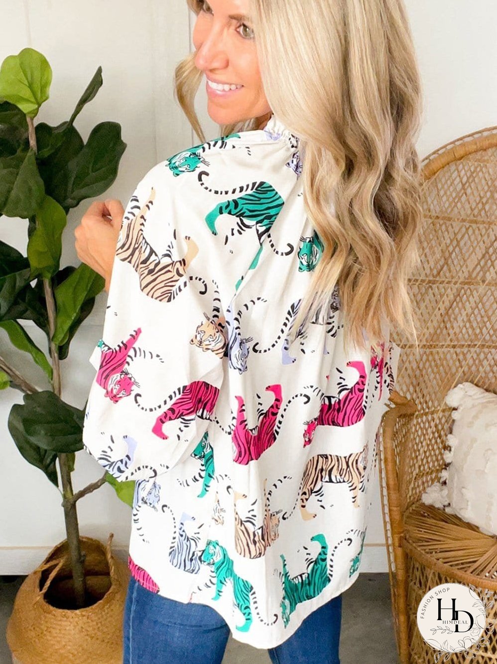 White Background Tiger Print Blouse