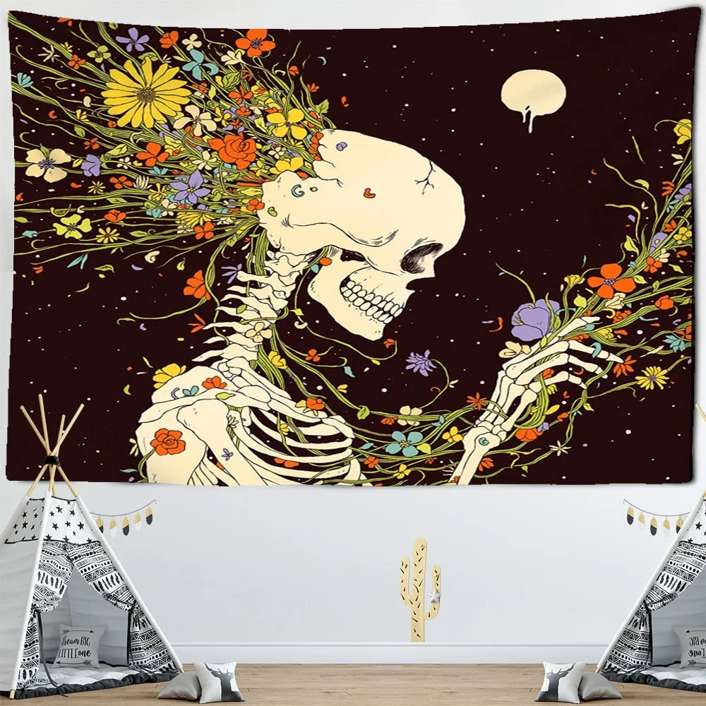 Nordic Style Skull Astronaut Tapestry Flowers Rainbow Moon Starry Sky Mandala Carpet Black Skull Witchcraft Wall Hanging Blanket