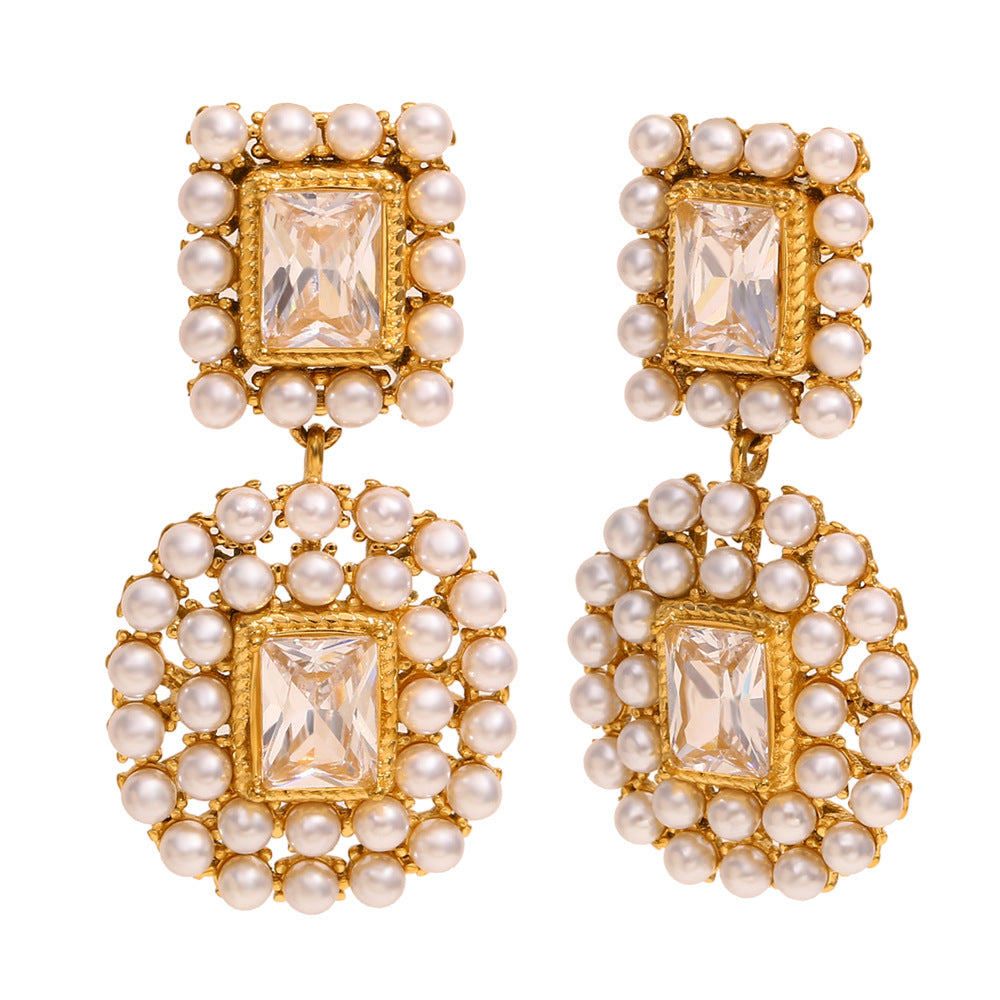Hot Selling Fashion Earrings 316L Stainless Steel Plated With 18K Gold Luxury Splicing Zircon Pearl Earrings