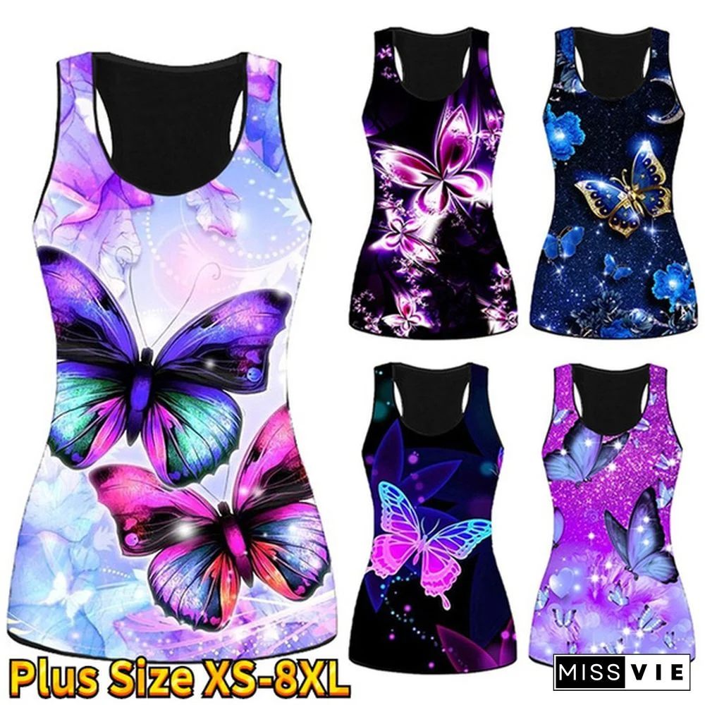 Women's Butterfly 3D Print Tank Tops Ladies Casual Sleeveless Tops Summer Vest Shirts Sexy Top Plus Size XS-8XL