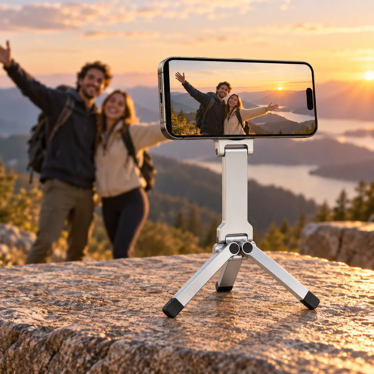 Magnetic phone tripod used for an outdoor group photo