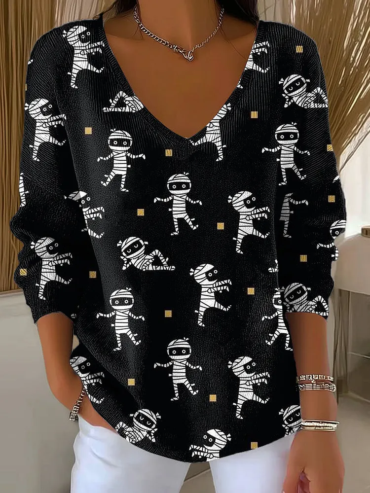 Women's Mummy Print Casual Pullover Sweater