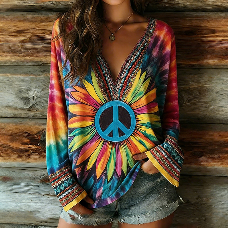 Comstylish Women's Peace Tie-dye Ethnic Art Pattern Casual Long-sleeve V-neck T-shirt