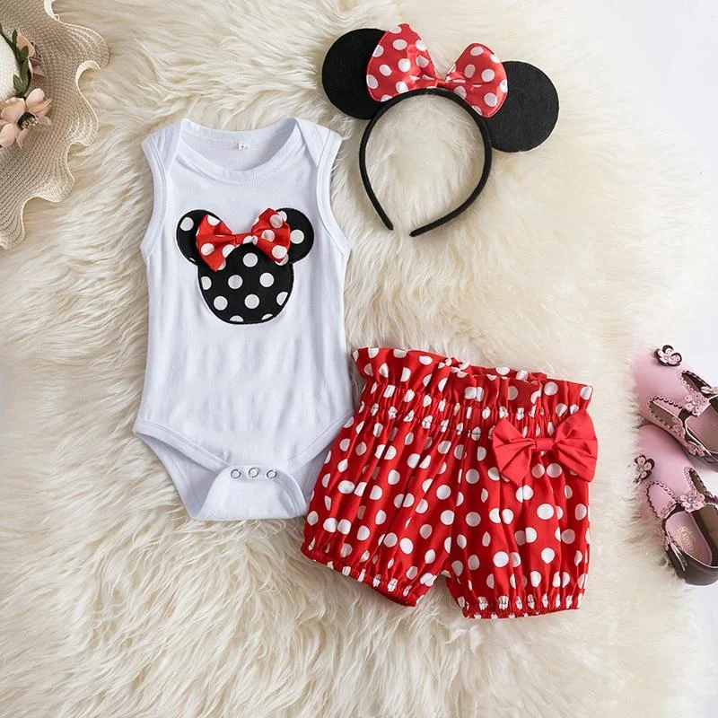 Baby Summer Romper + Dots Shorts Pants Cotton Kids Clothes Sets 3pcs Baby Girl Mouse Pattern Cartoon Clothes With Cute Headband