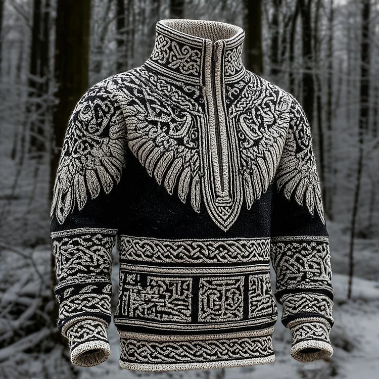 Men's Viking Celtic With Wings Art Cozy Knit Half Zipped Sweater