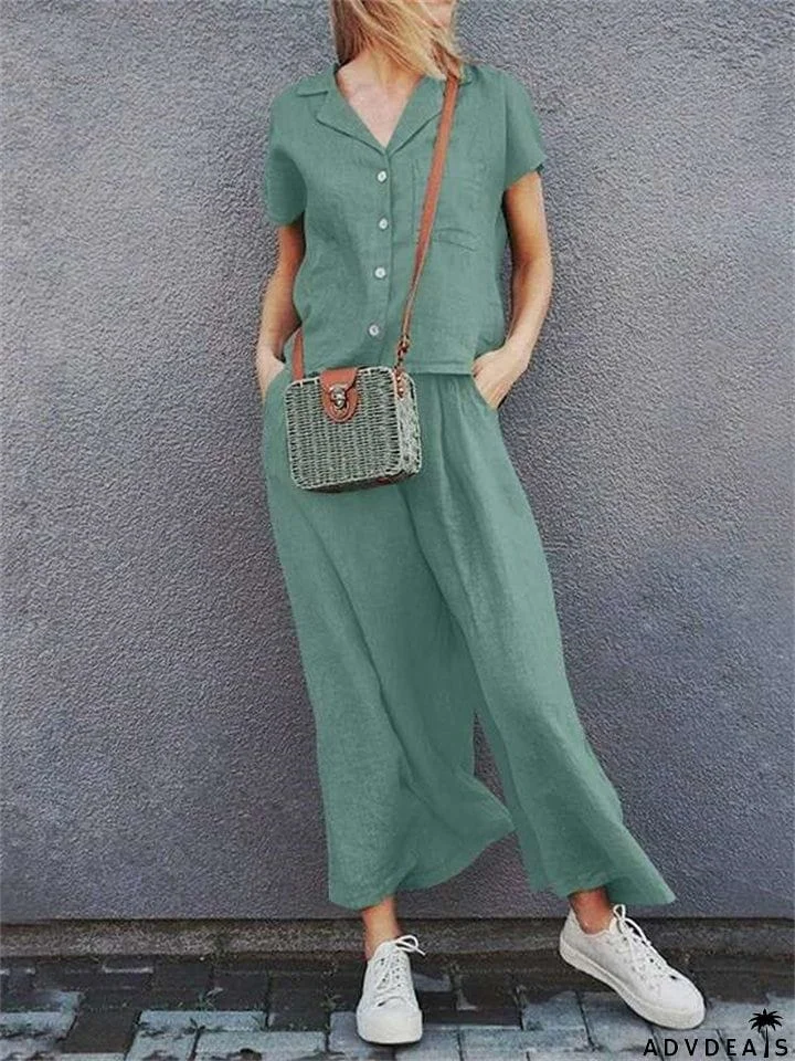 Women's Vintage Cotton Lapel Short Sleeve Shirt and Loose Pants