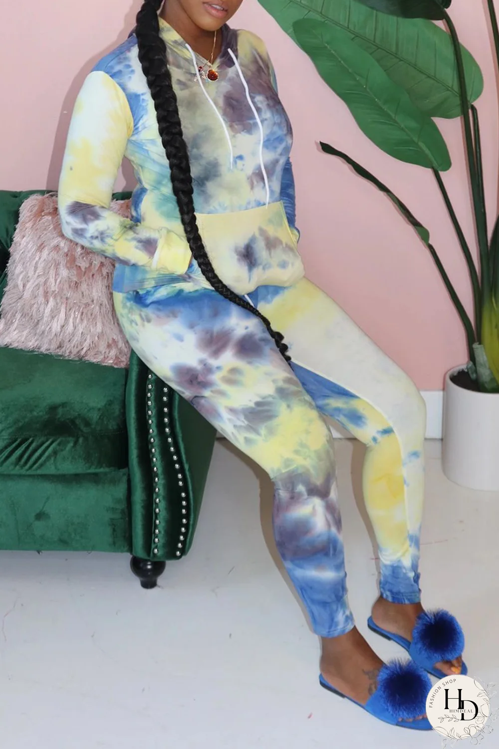 Yellow Casual Patchwork Tie-dye Hooded Collar Long Sleeve Two Pieces