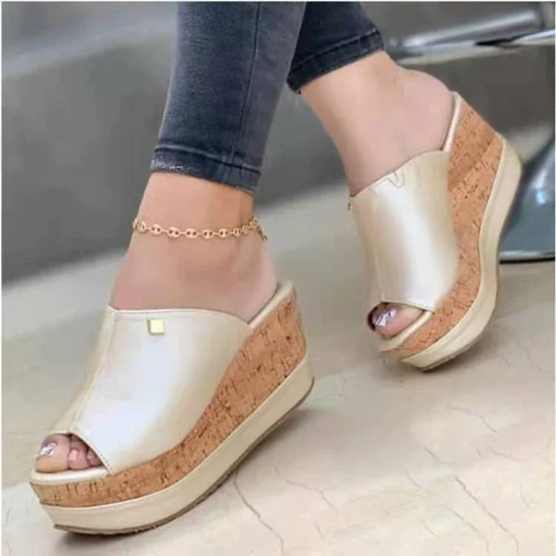Qengg New Women's Casual Slippers Vintage Fish Mouth Platform Wedge Sandals Slip-on Fashion Flat Beach Shoes Chaussure Ete Femme