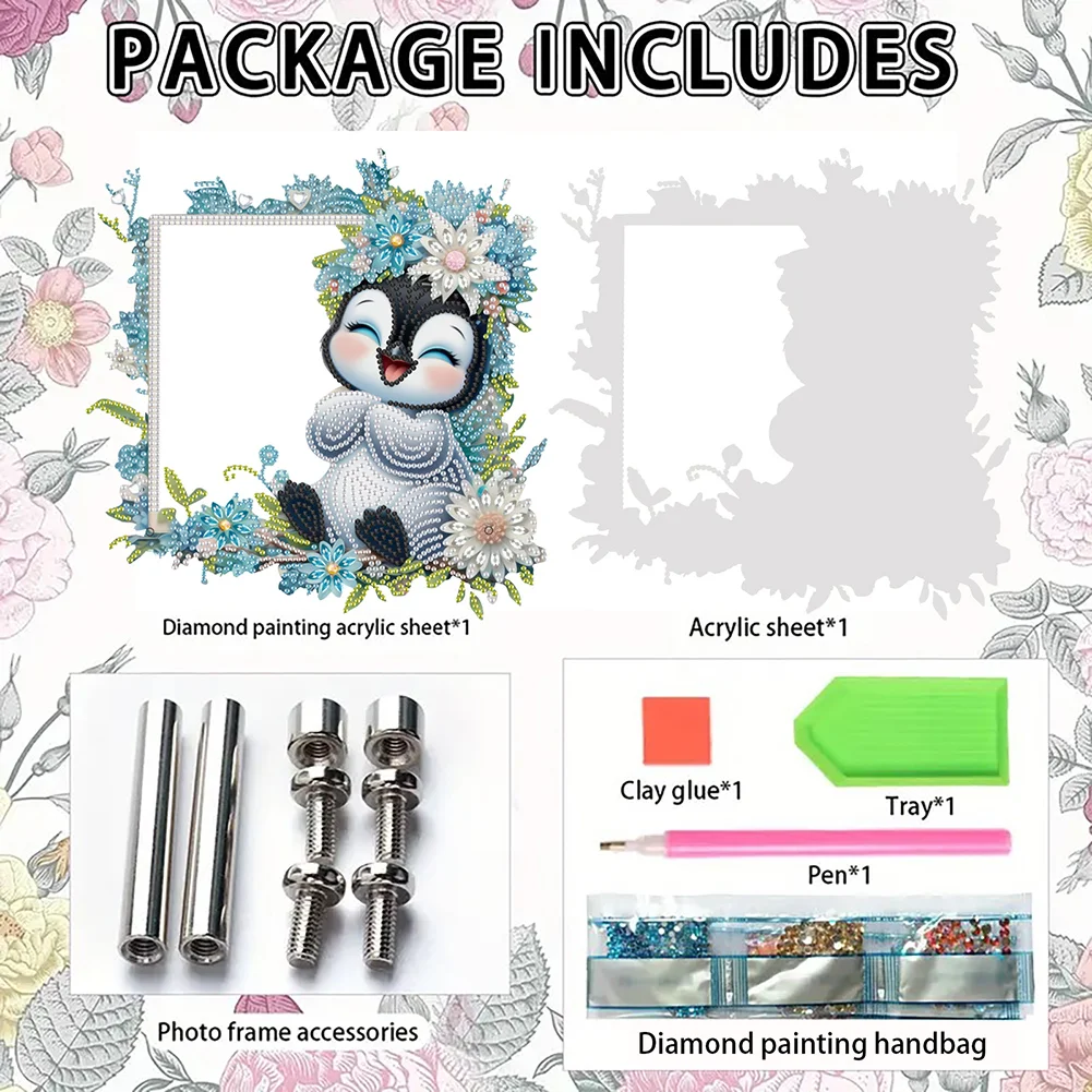 5D DIY Flower Penguin Acrylic Special Shape Diamond Painting Picture Frame