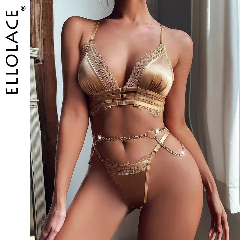 Ellolace Khaki Sexy Lingerie Lace Patchwork Underwear with Chain Garters 3-Piece Eroric Bilizna Set Short Skin Care Kits