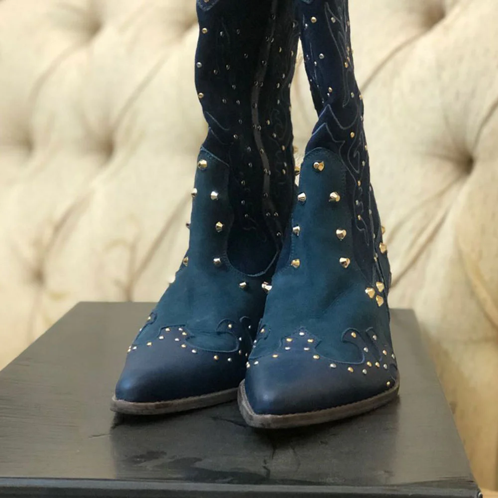 Navy Patchwork Pointed Toe Studs Embellished Cowboy Boots for Women