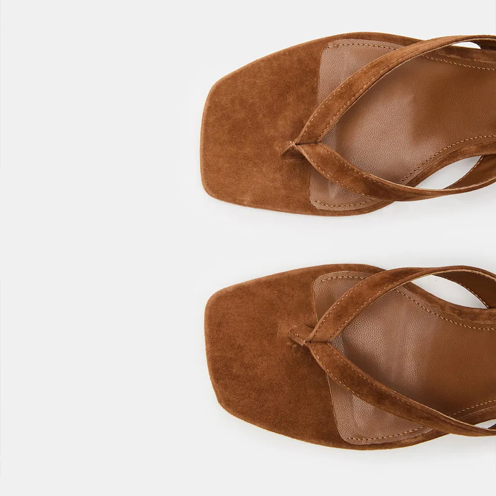 YDN Brown Vegan Suede Open Square Toe Kitten Heel Slides Shoes