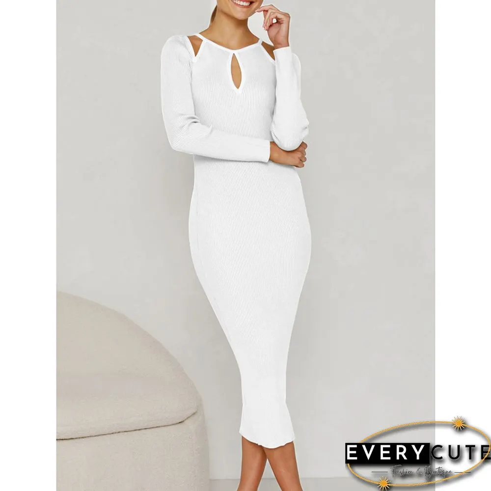 White Cut-out Ribbed Long Sleeve Bodycon Dress