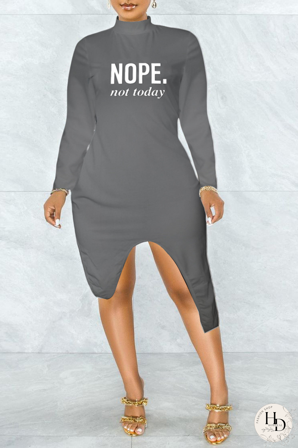 Grey Sexy Print Split Joint Half A Turtleneck Irregular Dress Dresses