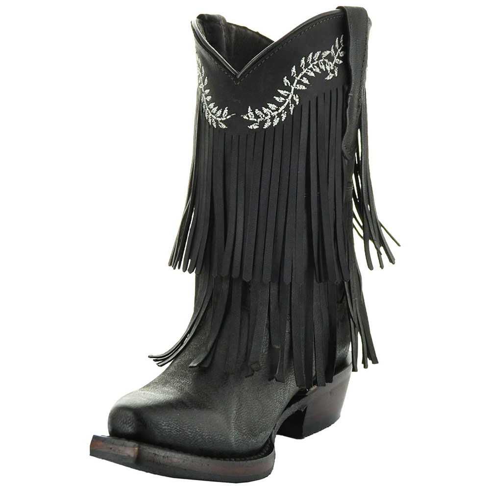 Black Snip Toe Block Heel Western Style Fringe Booties for Women