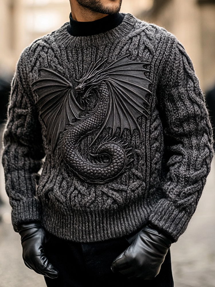 Comstylish Men's Winged Dragon Design Chunky Knit Sweater