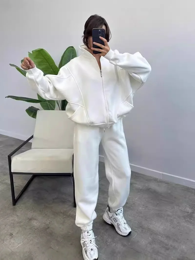 Nigikala Nigikala Women's Plus Velvet Set Fashion Simple Long-Sleeved Sweater Pure Color Sports Suit Women