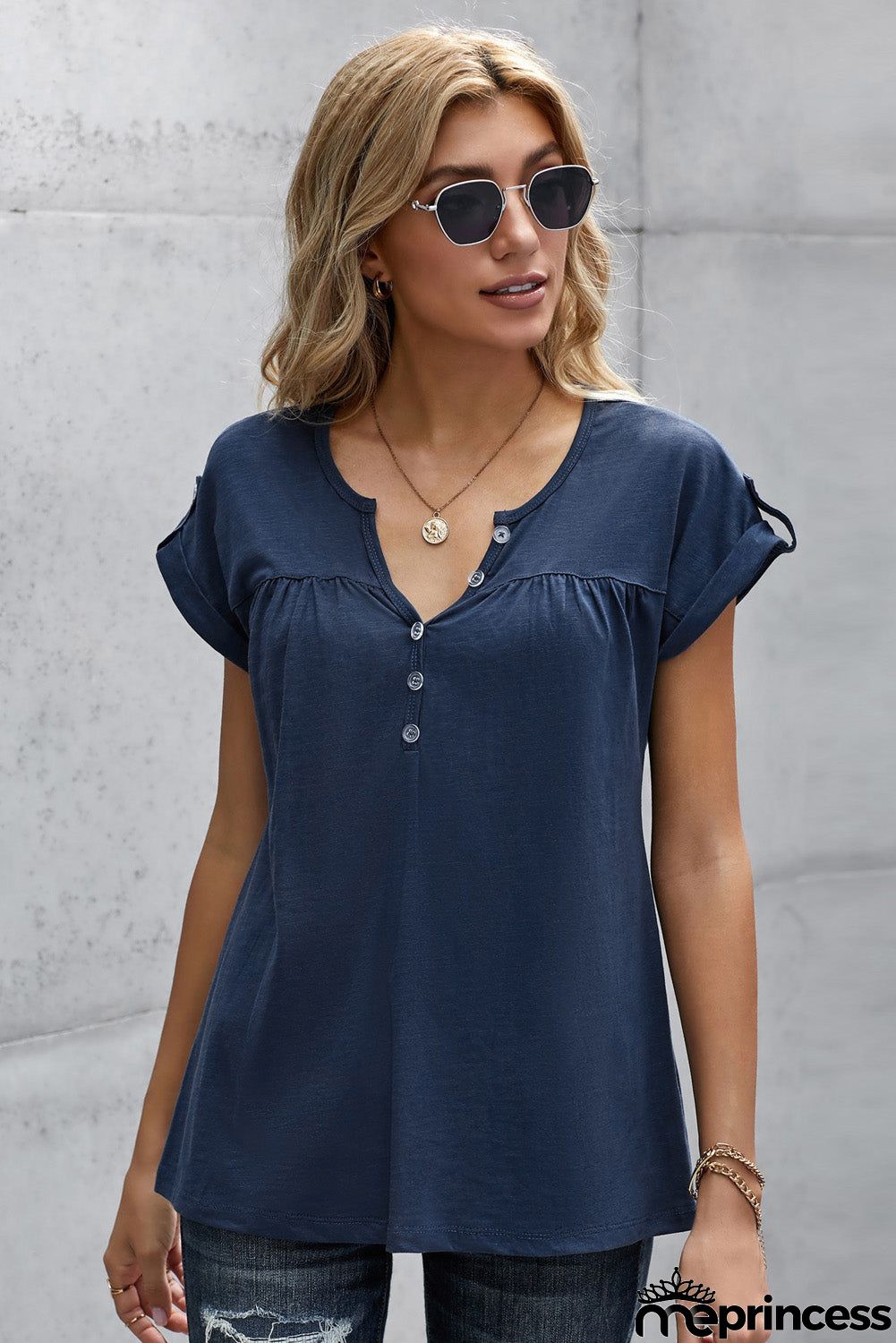 Women Old Fashioned Blue Buttoned Detail Cotton Blend Short Sleeve T-shirt