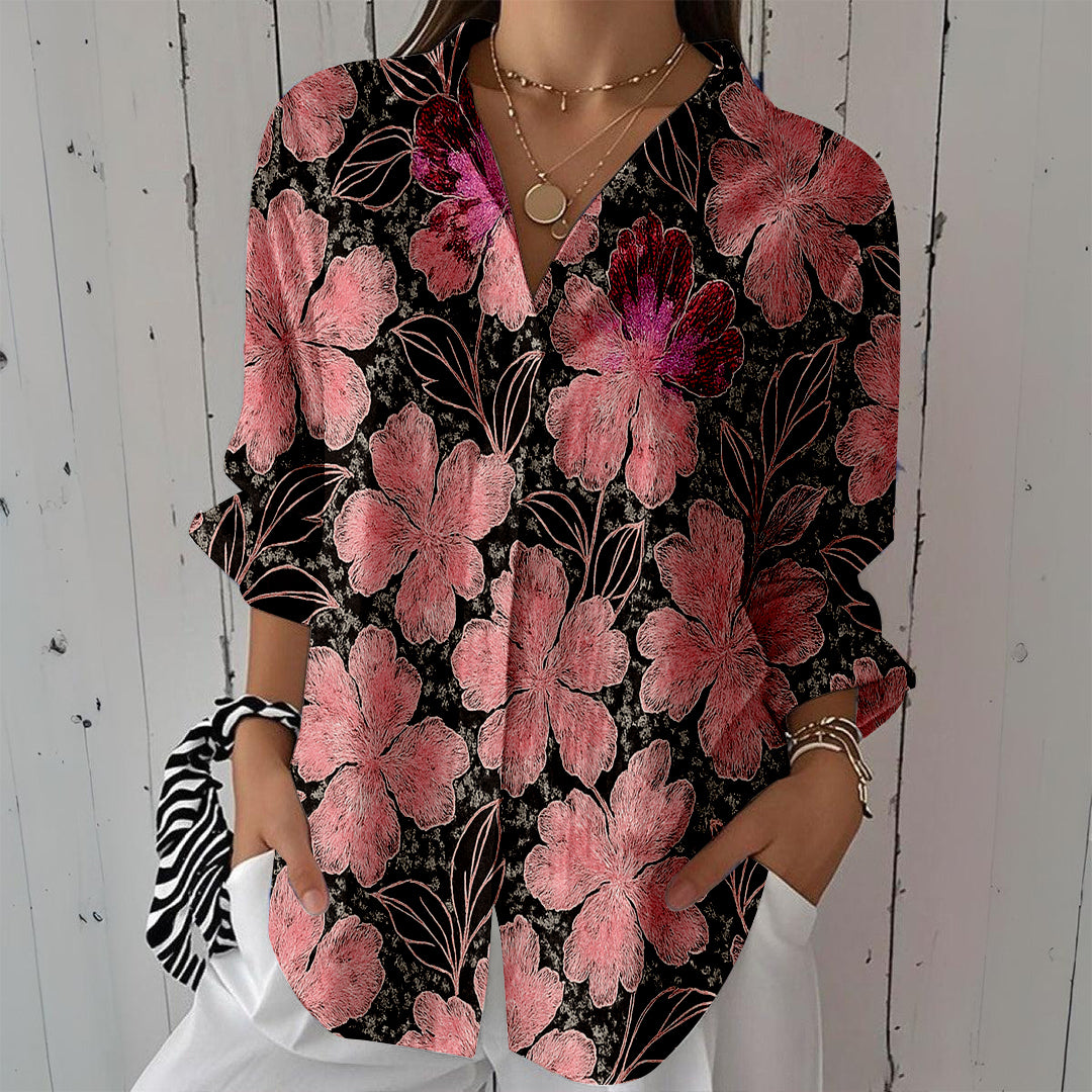 Women Long Sleeve V-neck Graphic Floral Printed Top