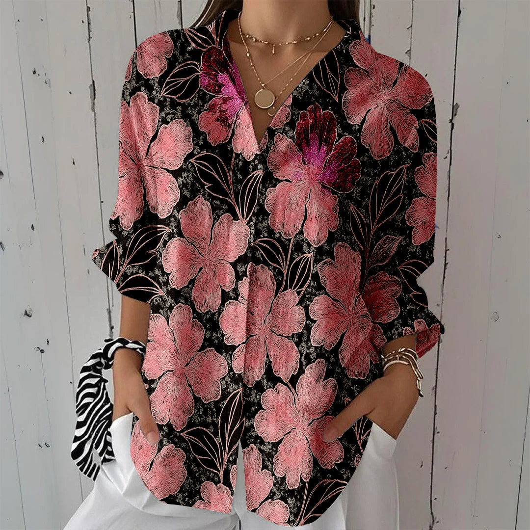 Style & Comfort for Mature Women Women Floral, Black, White, Pink DZCL0139 3/4 Sleeve Shirt Collar Printed Button Tops
