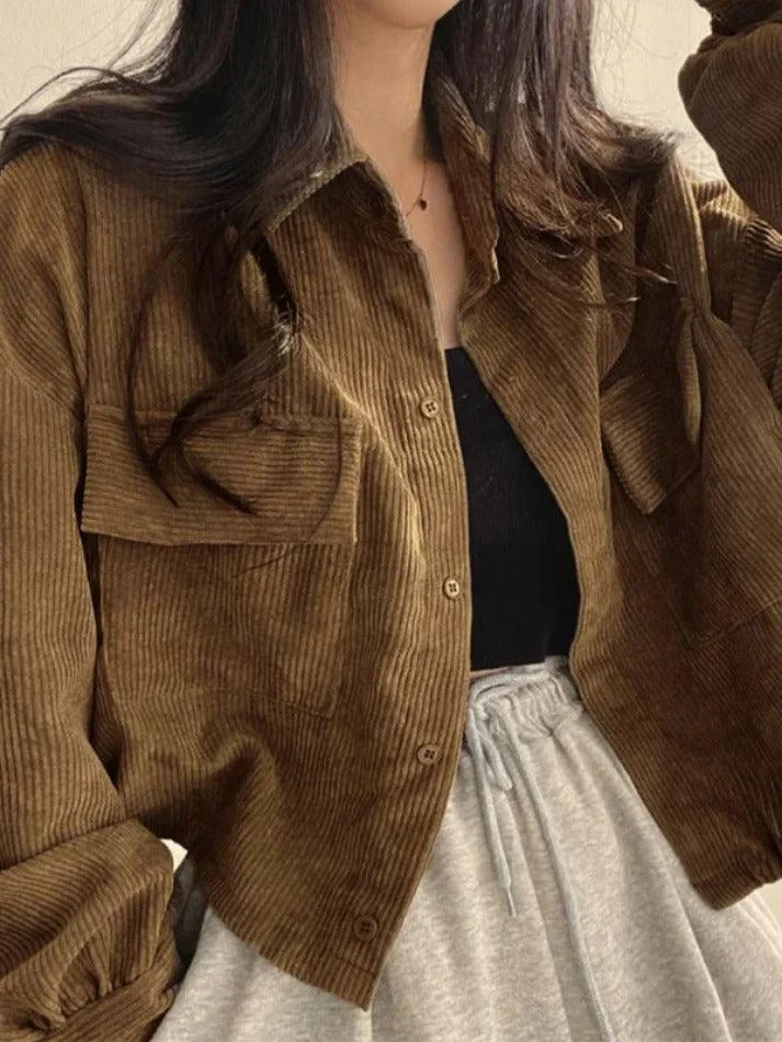 Brownm Vintage Corduroy Lapel Neck Button Long Sleeve Blouse